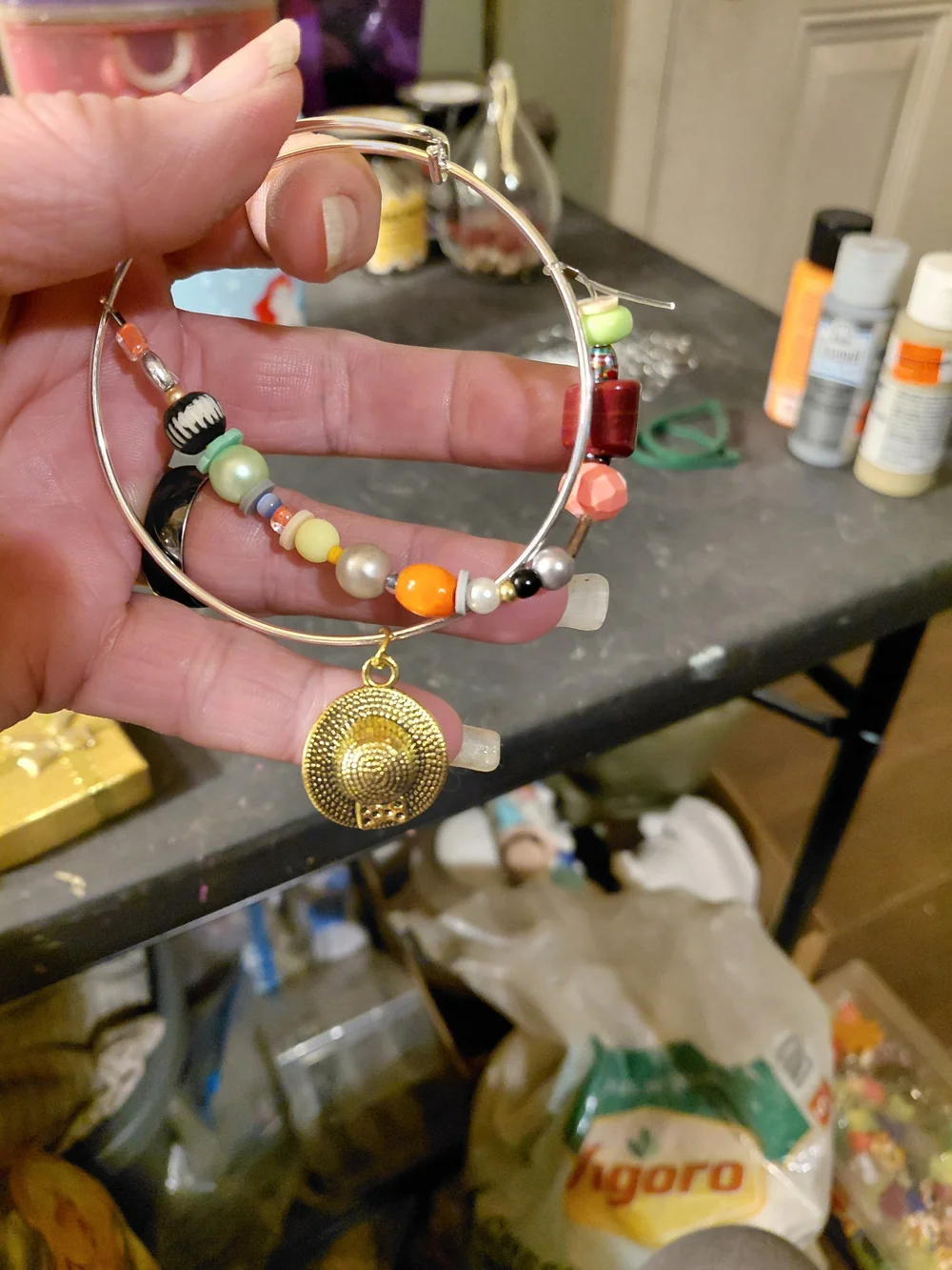 Colorful Beaded Hoop Bracelet with Gold Hat Charm